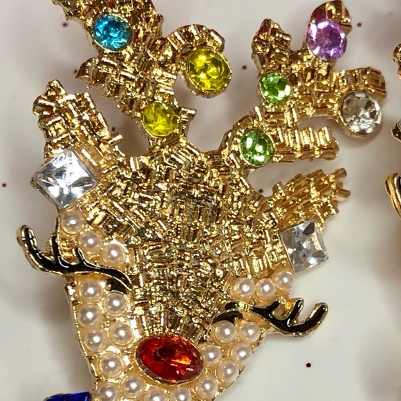 Reindeer Earrings Gold Crystals Stud Post Rudolph New - Picture 3 of 7